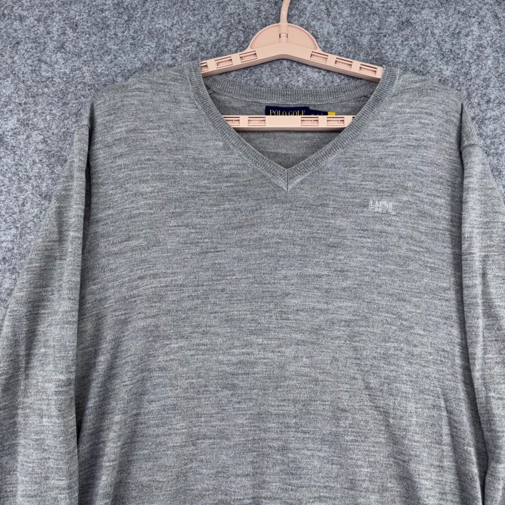 Polo Golf Ralph Lauren Mens XL Gray V-Neck Wool Blend Sweater HPL Logo